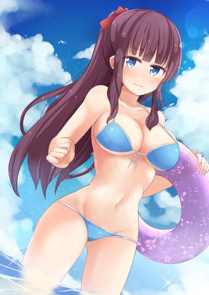 Anime picture 821x1160 with new game! doga kobo takimoto hifumi naigou single long hair tall image looking at viewer blush fringe breasts blue eyes light erotic large breasts standing holding payot sky purple hair cloud (clouds)