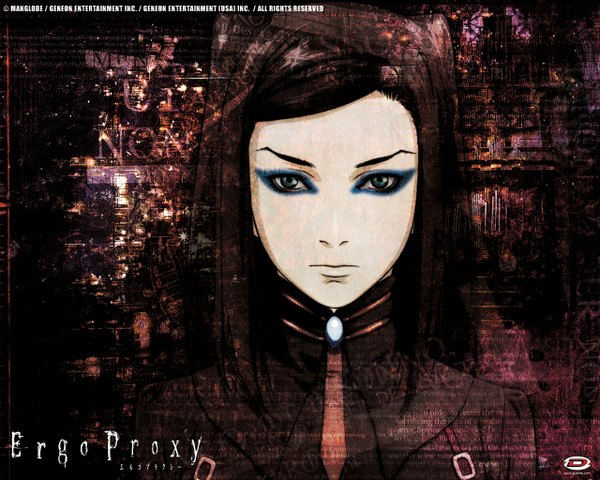 Anime picture 1280x1024 with ergo proxy re-l mayer single long hair black hair portrait face pale skin eyeshadow girl