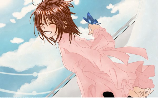 Anime-Bild 1920x1200 mit vampire knight studio deen cross yuki highres short hair smile brown hair wide image sky cloud (clouds) eyes closed looking back butterfly on hand girl insect butterfly