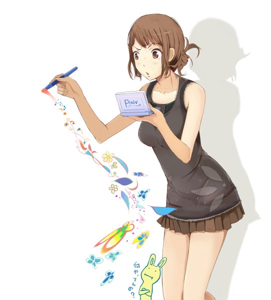 Anime picture 1085x1200 with original pixiv-tan moka. tapioka long hair tall image simple background brown hair white background brown eyes shadow painting girl flower (flowers) miniskirt insect butterfly bunny