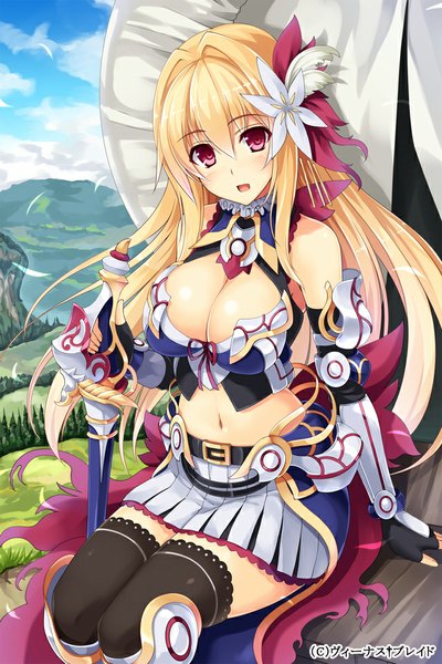 Anime picture 640x960 with venus blade hisenkaede single long hair tall image looking at viewer fringe breasts open mouth light erotic blonde hair red eyes large breasts sitting bare shoulders holding bent knee (knees) hair flower bare belly mountain