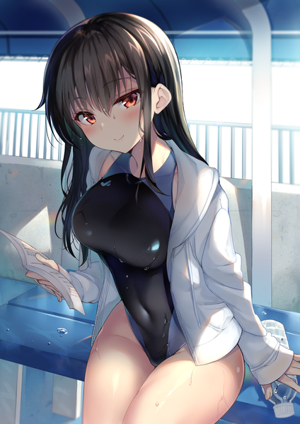 Anime picture 1157x1637 with original sanshoku amido single long hair tall image looking at viewer blush fringe light erotic black hair smile hair between eyes sitting holding payot indoors long sleeves head tilt arm support open jacket