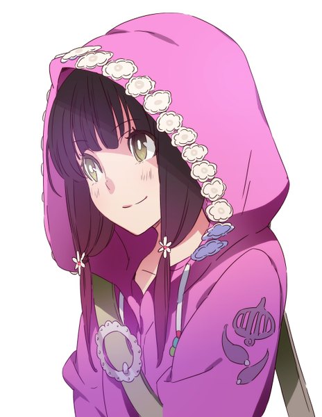 Anime picture 1018x1316 with original morii shizuki single long hair tall image blush fringe black hair simple background smile white background twintails green eyes looking away girl hood bag