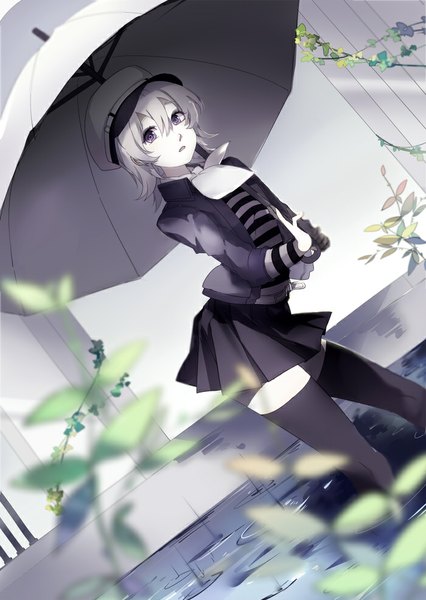 Anime picture 700x986 with vocaloid ama no jaku (vocaloid) gumi jack amano satonishi single tall image looking at viewer fringe short hair purple eyes holding white hair parted lips pleated skirt open jacket zettai ryouiki partially submerged arched back girl