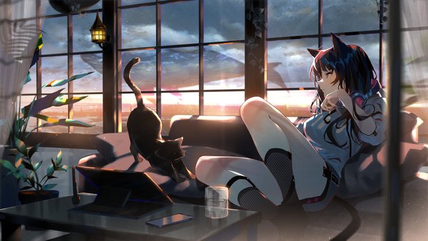 Anime picture 4096x2304 with original arutera single long hair fringe highres blue eyes black hair wide image sitting animal ears looking away absurdres sky cloud (clouds) full body bent knee (knees) indoors tail animal tail