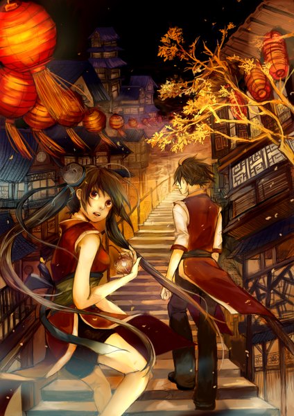 Anime picture 3035x4299 with original oxalicacid (artist) long hair tall image highres short hair black hair red eyes twintails absurdres looking back from behind night girl boy plant (plants) tree (trees) building (buildings) stairs chinese lantern