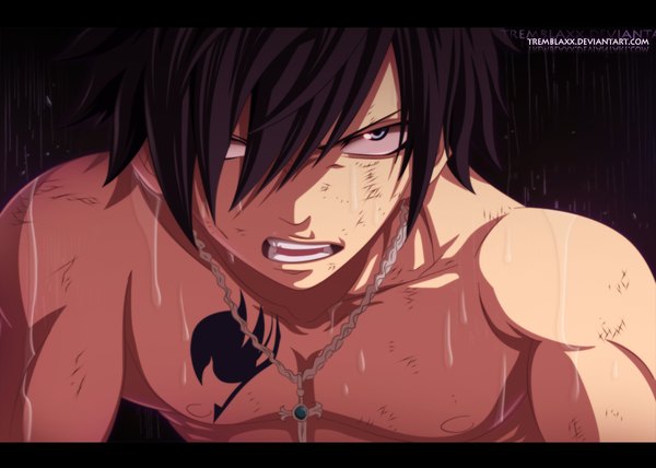 Anime picture 1000x714 with fairy tail gray fullbuster tremblax single fringe short hair open mouth blue eyes black hair hair over one eye wet tattoo coloring letterboxed rain muscle boy cross