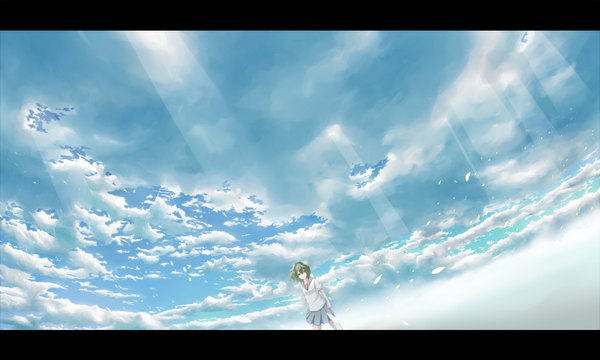 Anime picture 2000x1200 with vocaloid gumi hazfirst single highres short hair wide image green eyes sky cloud (clouds) pleated skirt green hair girl skirt headphones