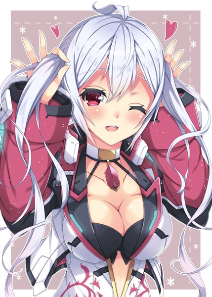 Anime picture 1100x1539 with phantasy star phantasy star online 2 sega matoi (pso2) milkpanda single long hair tall image looking at viewer blush breasts open mouth light erotic red eyes twintails white hair one eye closed wink holding hair girl