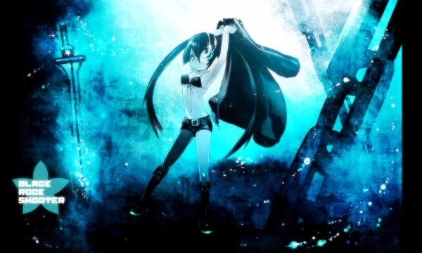 Anime picture 1280x768 with black rock shooter black rock shooter (character) tore (ksg666xxx) single long hair looking at viewer blue eyes black hair wide image twintails glowing glowing eye (eyes) girl navel shorts chain bikini top
