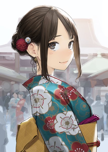 Anime picture 858x1200 with ganbare douki-chan douki-chan (douki-chan) yomu (sgt epper) single long hair tall image brown hair brown eyes upper body outdoors traditional clothes japanese clothes new year girl hair ornament earrings kimono obi kanzashi people