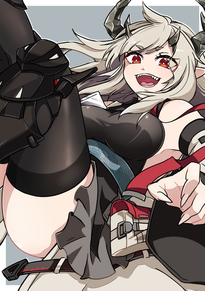 Anime-Bild 1412x2000 mit arknights matoimaru (arknights) kyuu (ost) single long hair tall image looking at viewer open mouth light erotic simple background smile red eyes :d horn (horns) fingernails pointy ears grey hair grey background teeth long fingernails