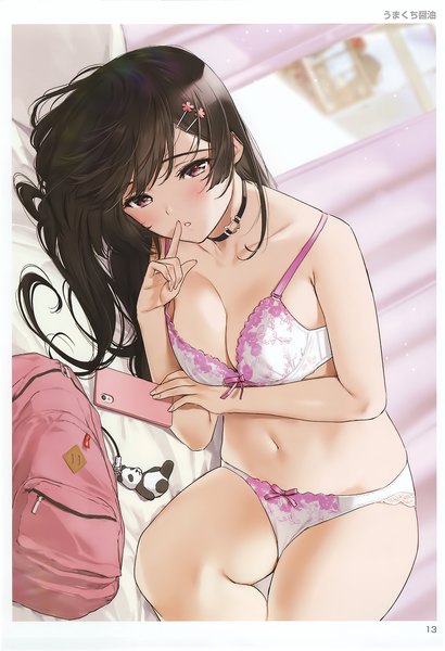 Anime picture 2070x3030 with comic toranoana umakuchi shouyu single long hair tall image looking at viewer blush fringe highres breasts light erotic brown hair bare shoulders holding payot indoors lying parted lips pink eyes blurry