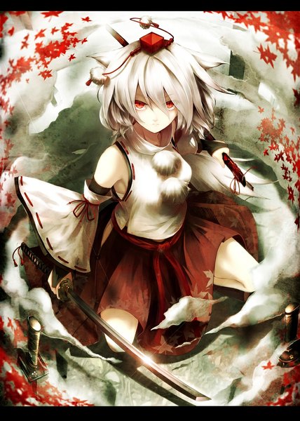 Anime picture 777x1088 with touhou inubashiri momiji fami (yellow skies) single tall image looking at viewer short hair red eyes bare shoulders animal ears silver hair tail animal tail from above wide sleeves wolf ears wolf tail girl weapon detached sleeves