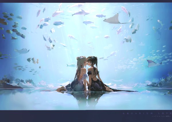 Anime picture 4859x3458 with original anmi long hair looking at viewer fringe highres open mouth blue eyes black hair hair between eyes sitting bare shoulders multiple girls payot looking away absurdres full body ponytail profile barefoot