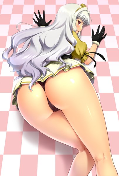 Anime picture 2030x3000 with idolmaster shijou takane long hair tall image highres light erotic red eyes ass white hair lying checkered floor checkered background beyond the nobles girl gloves underwear panties