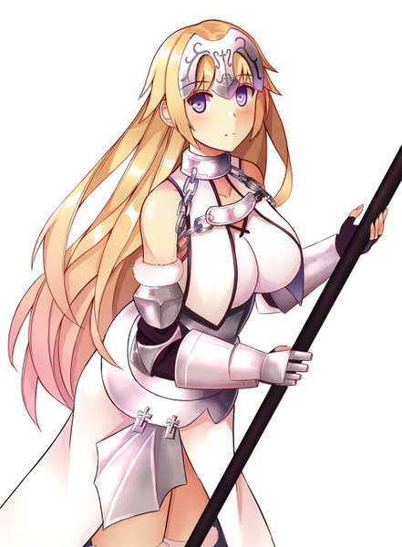 Anime picture 939x1276 with fate (series) fate/apocrypha jeanne d'arc (fate) (all) jeanne d'arc (fate) frontera single long hair tall image looking at viewer blush fringe breasts light erotic blonde hair simple background standing white background purple eyes payot girl