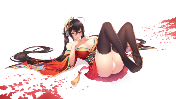 Anime picture 8150x4606 with azur lane taihou (azur lane) cait single looking at viewer blush fringe highres breasts open mouth light erotic black hair simple background hair between eyes red eyes wide image large breasts white background twintails bare shoulders