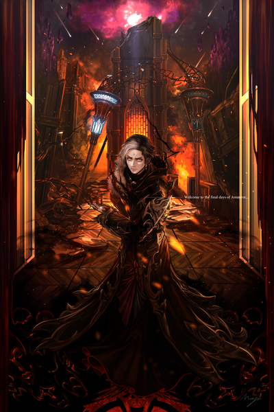 Anime-Bild 2000x3000 mit final fantasy final fantasy xiv square enix emet-selch mega (artist) single tall image looking at viewer highres short hair black hair standing signed yellow eyes full body multicolored hair night two-tone hair leaning leaning forward