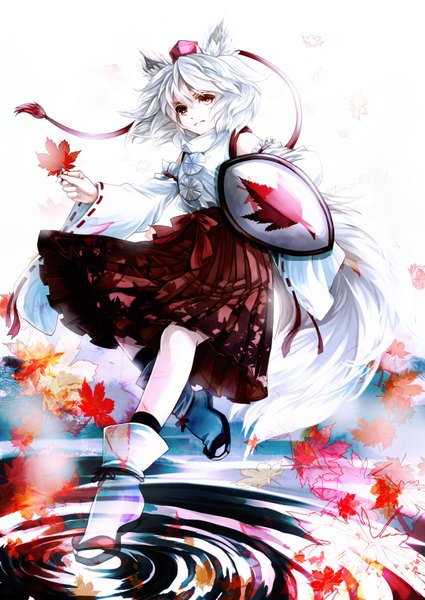 Anime picture 1140x1610 with touhou inubashiri momiji awa toka single tall image short hair red eyes white background animal ears white hair japanese clothes wind wolf ears wolf tail girl detached sleeves water autumn leaves shield tokin hat