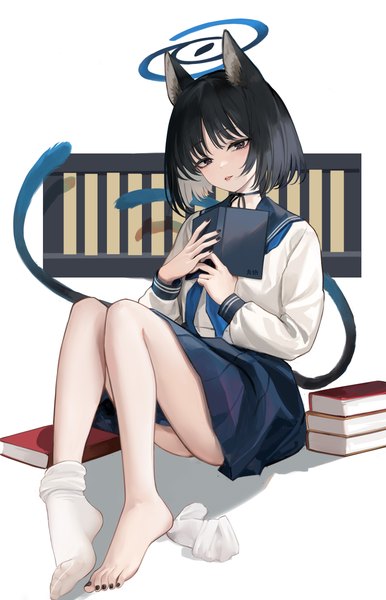 Anime picture 2480x3859 with blue archive kikyou (blue archive) nagata gata single tall image looking at viewer highres short hair light erotic black hair sitting animal ears full body tail nail polish head tilt animal tail black eyes cat ears cat girl