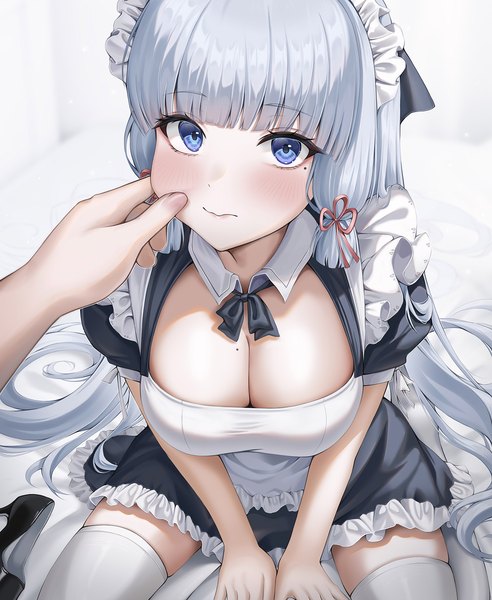 Anime picture 1500x1830 with genshin impact kamisato ayaka wol (wol 927) long hair tall image looking at viewer blush fringe breasts blue eyes light erotic simple background large breasts white background sitting cleavage silver hair blunt bangs mole maid