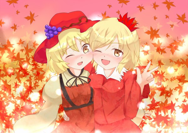 Anime picture 1280x904 with touhou aki minoriko aki shizuha yu1 (artist) blush short hair open mouth blonde hair multiple girls yellow eyes one eye closed wink girl dress 2 girls leaf (leaves) autumn leaves