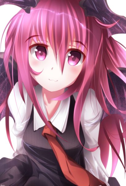Anime picture 1500x2200 with touhou koakuma pino (straight) single long hair tall image smile pink hair pink eyes head wings girl wings necktie
