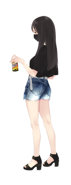 Anime picture 580x1500 with original suntory strong zero ama mitsuki single long hair tall image fringe black hair simple background standing white background brown eyes signed looking away profile short sleeves high heels twitter username dated