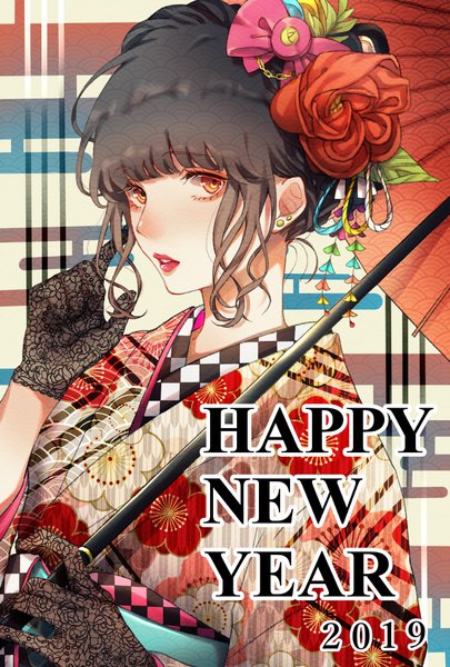 Anime picture 1181x1748 with original miyatsuki azuki single tall image looking at viewer fringe short hair black hair yellow eyes payot upper body traditional clothes japanese clothes lipstick red lipstick new year happy new year 2019 egasumi seigaiha