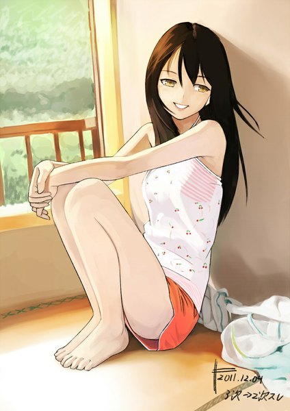 Anime picture 724x1024 with original pen (artist) single long hair tall image open mouth smile brown hair sitting bare shoulders signed yellow eyes looking away barefoot crossed arms knees touching girl shorts window short shorts