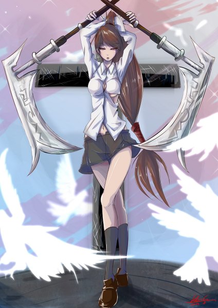 Anime picture 992x1403 with league of legends akali (league of legends) deathklovc single long hair tall image highres breasts open mouth brown hair standing brown eyes sky ponytail arms up alternate costume torn clothes girl skirt weapon