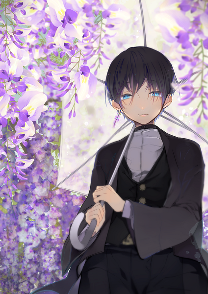 Anime picture 600x849 with original sawaso39 single tall image looking at viewer fringe short hair blue eyes black hair smile hair between eyes wide sleeves from below transparent umbrella boy flower (flowers) umbrella vest buttons single earring