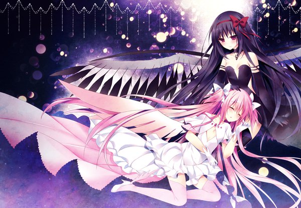 Anime picture 801x555 with mahou shoujo madoka magica shaft (studio) akemi homura kaname madoka goddess madoka akuma homura sorai shin'ya long hair blush black hair twintails purple eyes multiple girls pink hair parted lips light smile high heels looking down cleavage cutout sleeping