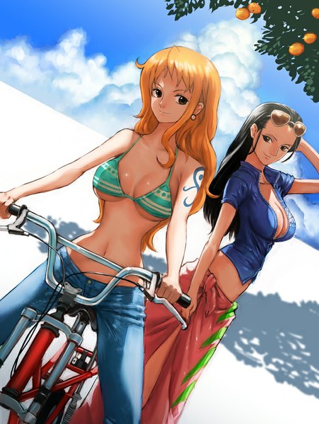 Anime picture 751x1000 with one piece toei animation nami (one piece) nico robin boyaking(sbf) long hair tall image breasts light erotic black hair smile large breasts multiple girls looking away sky cleavage cloud (clouds) black eyes orange hair shadow