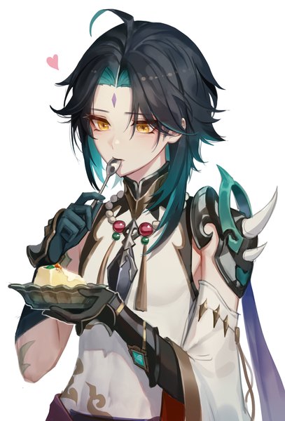Anime picture 2021x2982 with genshin impact xiao (genshin impact) ojae (waternaeng) single tall image highres short hair black hair simple background white background yellow eyes upper body ahoge multicolored hair two-tone hair looking down colored inner hair eating boy gloves