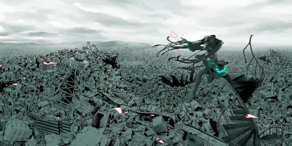 Anime picture 3000x1500 with vocaloid hatsune miku junji highres wide image scenic ruins polychromatic girl stairs