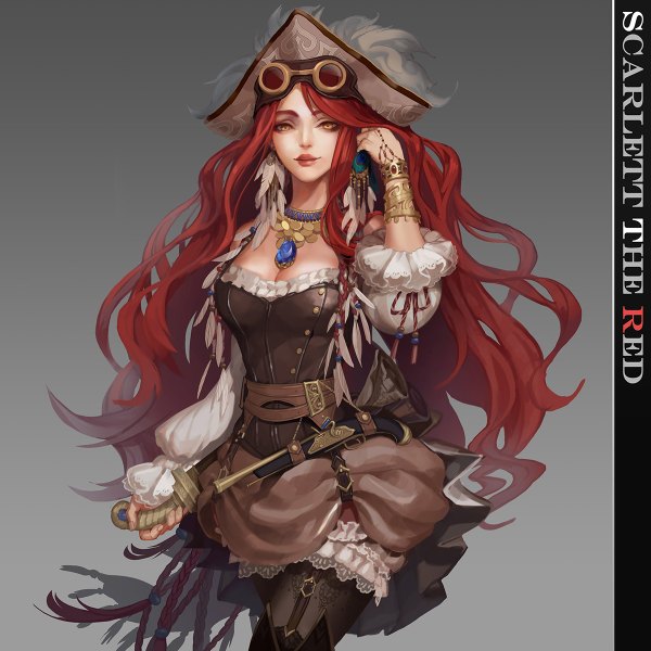 Anime picture 1200x1200 with original liyu jun single long hair looking at viewer breasts simple background smile large breasts standing yellow eyes red hair grey background adjusting hair wavy hair girl hair ornament weapon hat earrings