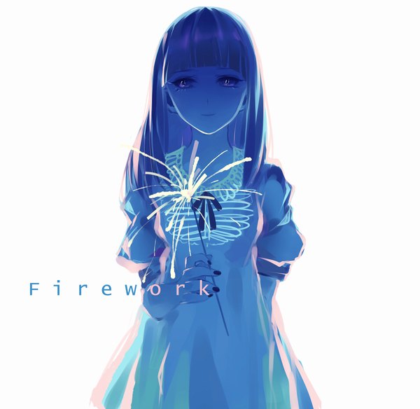 Anime picture 2145x2090 with original rrr (reason) single long hair looking at viewer fringe highres simple background white background purple eyes blue hair nail polish light smile inscription monochrome fireworks girl dress