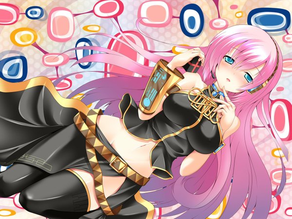 Anime picture 1600x1200 with vocaloid megurine luka nana (artist) single long hair looking at viewer blush fringe breasts light erotic hair between eyes bare shoulders pink hair aqua eyes midriff finger to mouth side slit girl thighhighs skirt
