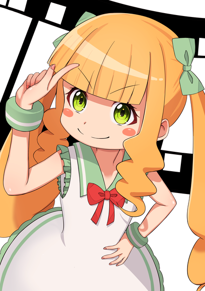 Anime picture 2894x4093 with eiga daisuki pompo-san joelle pomponett shimizu keitaro single long hair tall image fringe highres blonde hair smile twintails green eyes payot looking away blunt bangs from above sleeveless hand on hip blush stickers >:)