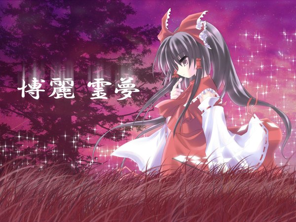 Anime picture 1024x768 with touhou hakurei reimu long hair profile miko girl ribbon (ribbons) plant (plants) hair ribbon detached sleeves tree (trees) grass hair tubes