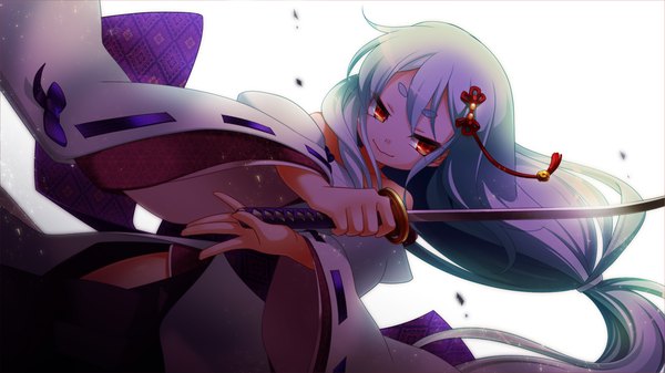 Anime picture 1280x720 with sengoku hime 5 long hair looking at viewer simple background smile red eyes wide image white background game cg white hair traditional clothes girl weapon sword katana