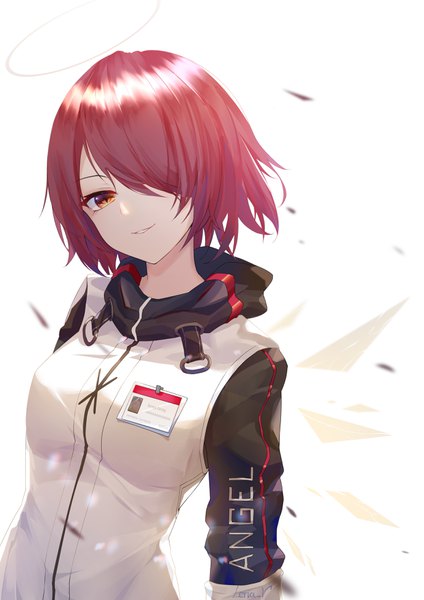 Anime picture 2480x3508 with arknights exusiai (arknights) leria v single tall image looking at viewer fringe highres short hair simple background smile standing white background signed upper body red hair hair over one eye orange eyes smirk girl
