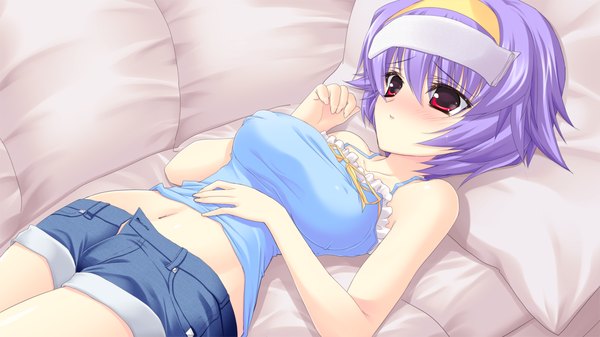 Anime picture 1280x720 with strawberry feels blush short hair breasts light erotic red eyes wide image large breasts game cg purple hair lying midriff girl navel shorts