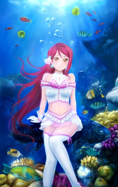 Anime picture 1200x1896 with love live! sunshine!! sunrise (studio) love live! sakurauchi riko moekyon single long hair tall image looking at viewer blush fringe breasts smile sitting bare shoulders yellow eyes payot bent knee (knees) red hair off shoulder