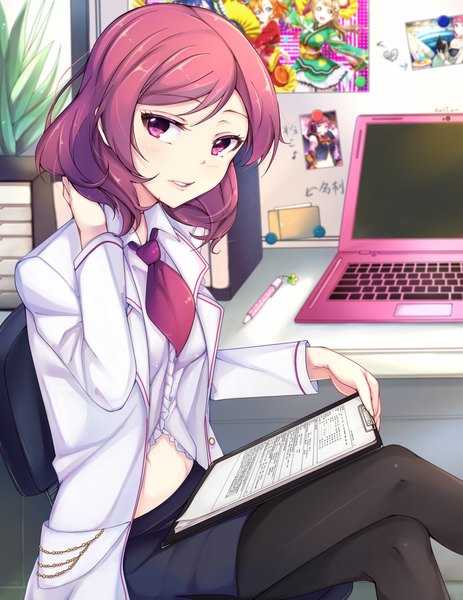 Anime picture 773x1000 with love live! school idol project sunrise (studio) love live! nishikino maki kalian single tall image looking at viewer blush short hair sitting pink hair bent knee (knees) indoors pink eyes crossed legs adjusting hair girl chair paper