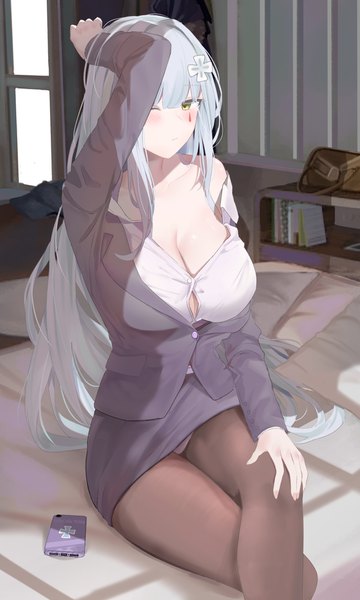 Anime picture 1050x1750 with girls frontline hk416 (girls frontline) ru zhai single long hair tall image looking at viewer blush fringe breasts light erotic large breasts sitting green eyes payot cleavage silver hair bent knee (knees) indoors blunt bangs