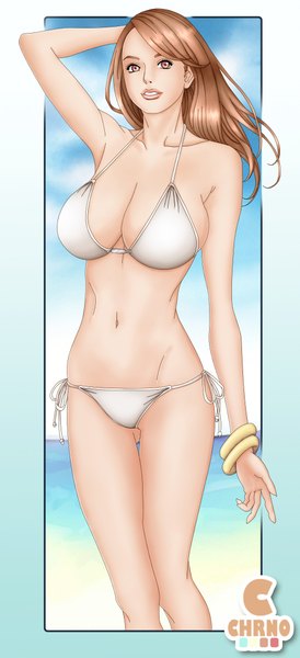 イラスト 1024x2240 と lchrno ソロ 長髪 長身像 カメラ目線 おっぱい light erotic 赤い目 茶色の髪 大きな乳房 lips bare belly 前から見えるお尻 arm behind head 女の子 へそ 水着 ビキニ (水着) 白ビキニ