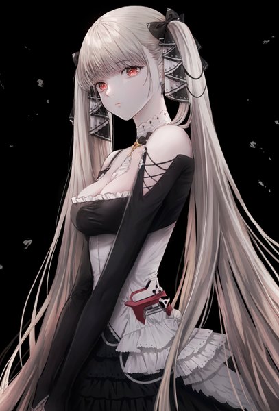 Anime picture 1900x2800 with azur lane formidable (azur lane) take heart7 single tall image looking at viewer fringe highres breasts simple background red eyes standing twintails bare shoulders blunt bangs very long hair grey hair black background frilled dress girl